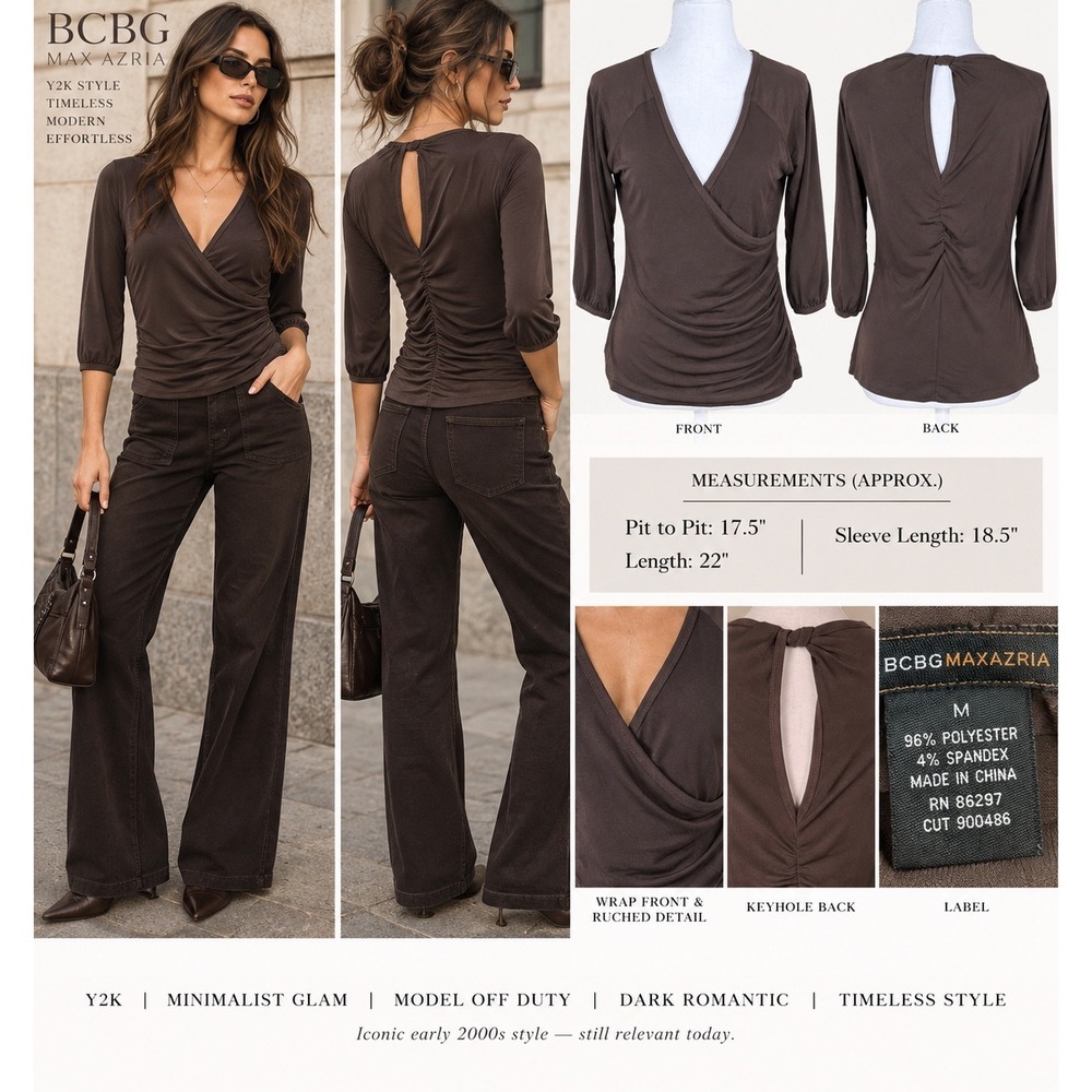 Y2K BCBG Max Azria Top M Brown Ruched Wrap Open Back 2000s Going Out Minimalist